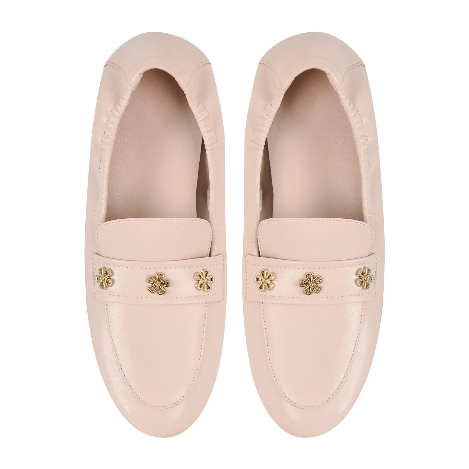 Apricot Round Toe Flower Rivet Flats