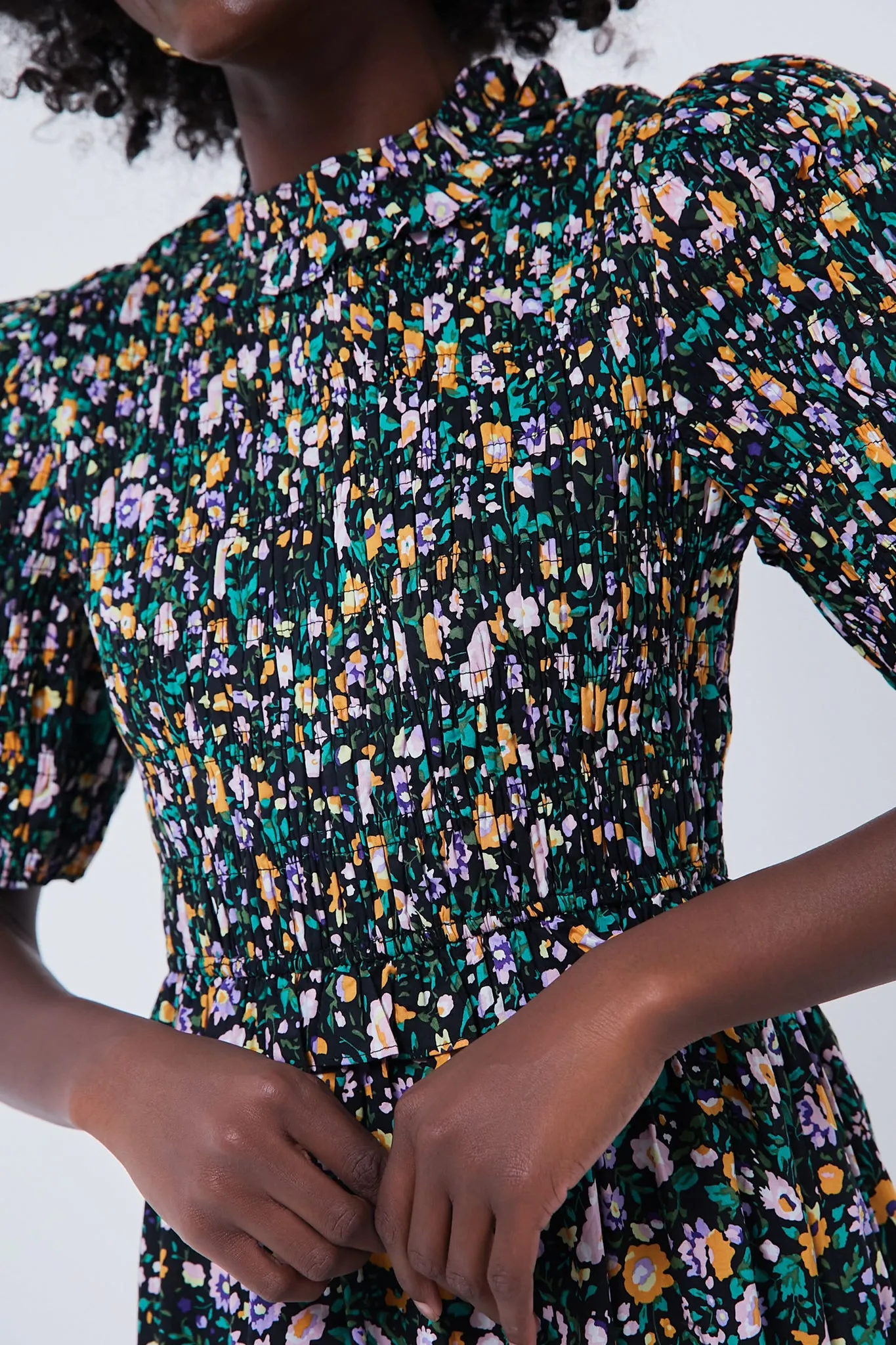 Black Multi Floral Smocked Samantha Midi Dress