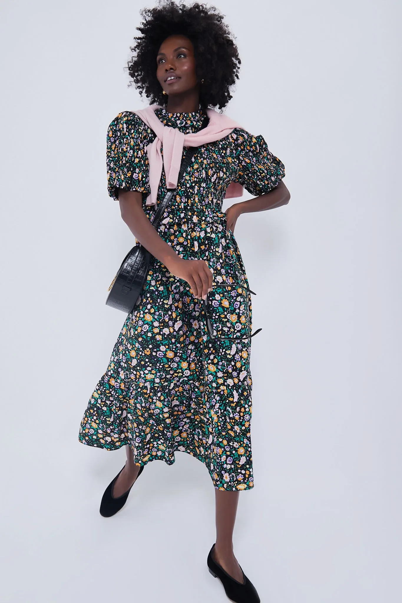 Black Multi Floral Smocked Samantha Midi Dress