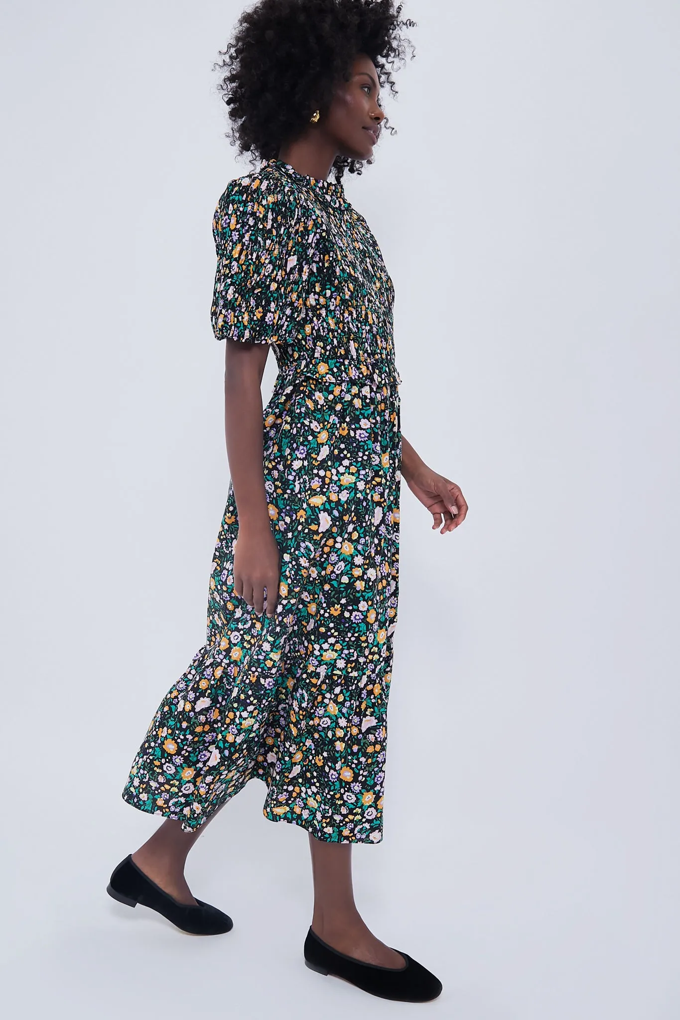 Black Multi Floral Smocked Samantha Midi Dress