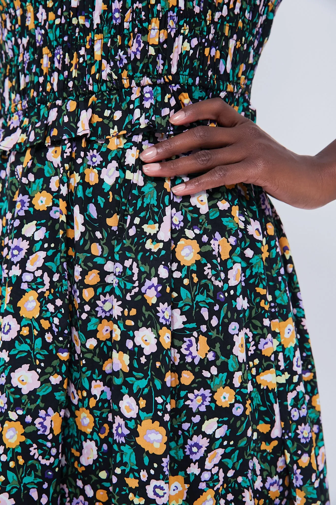 Black Multi Floral Smocked Samantha Midi Dress