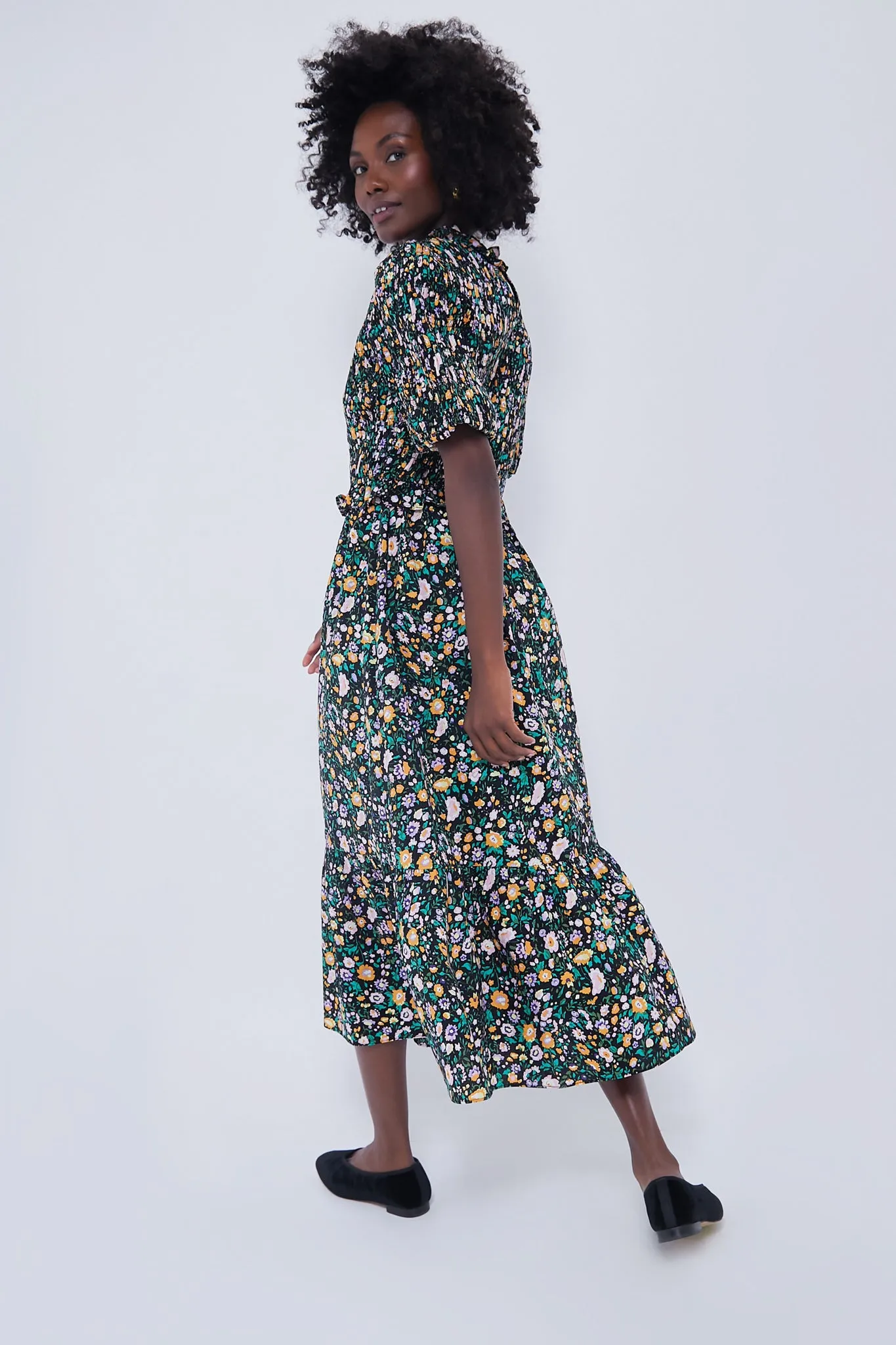 Black Multi Floral Smocked Samantha Midi Dress