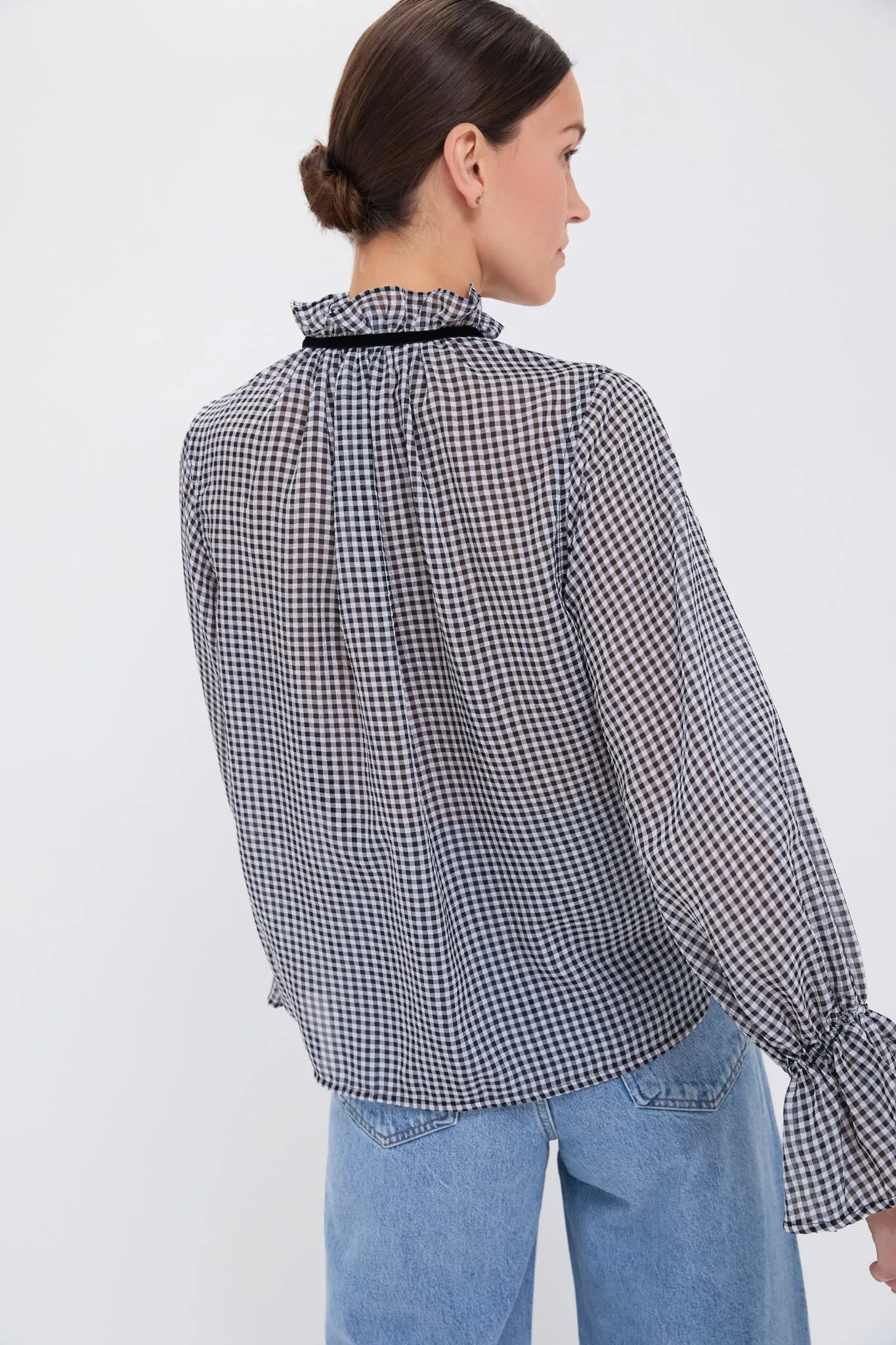 Black Sheer Fluid Check Tie String Shirt