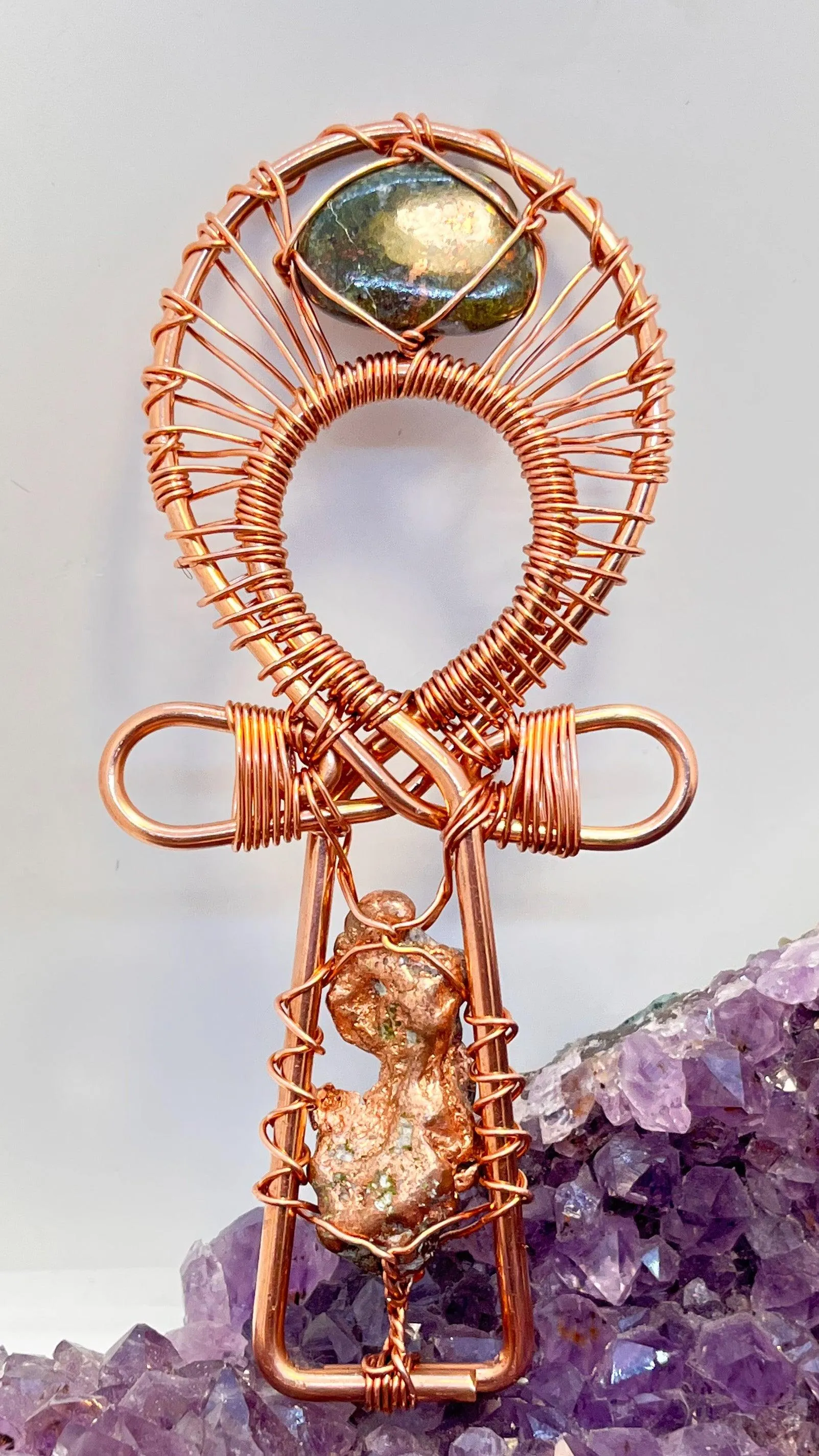Copper Nugget with Peridot/Copper Tumble Stone POCKET Ankh