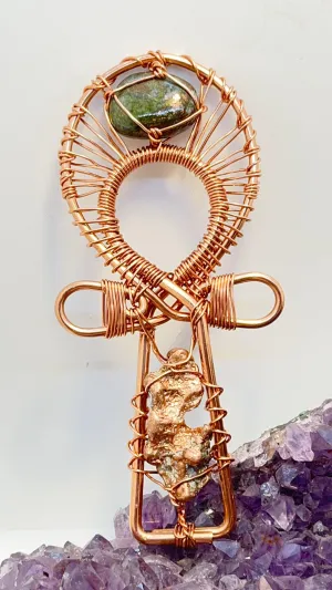 Copper Nugget with Peridot/Copper Tumble Stone POCKET Ankh
