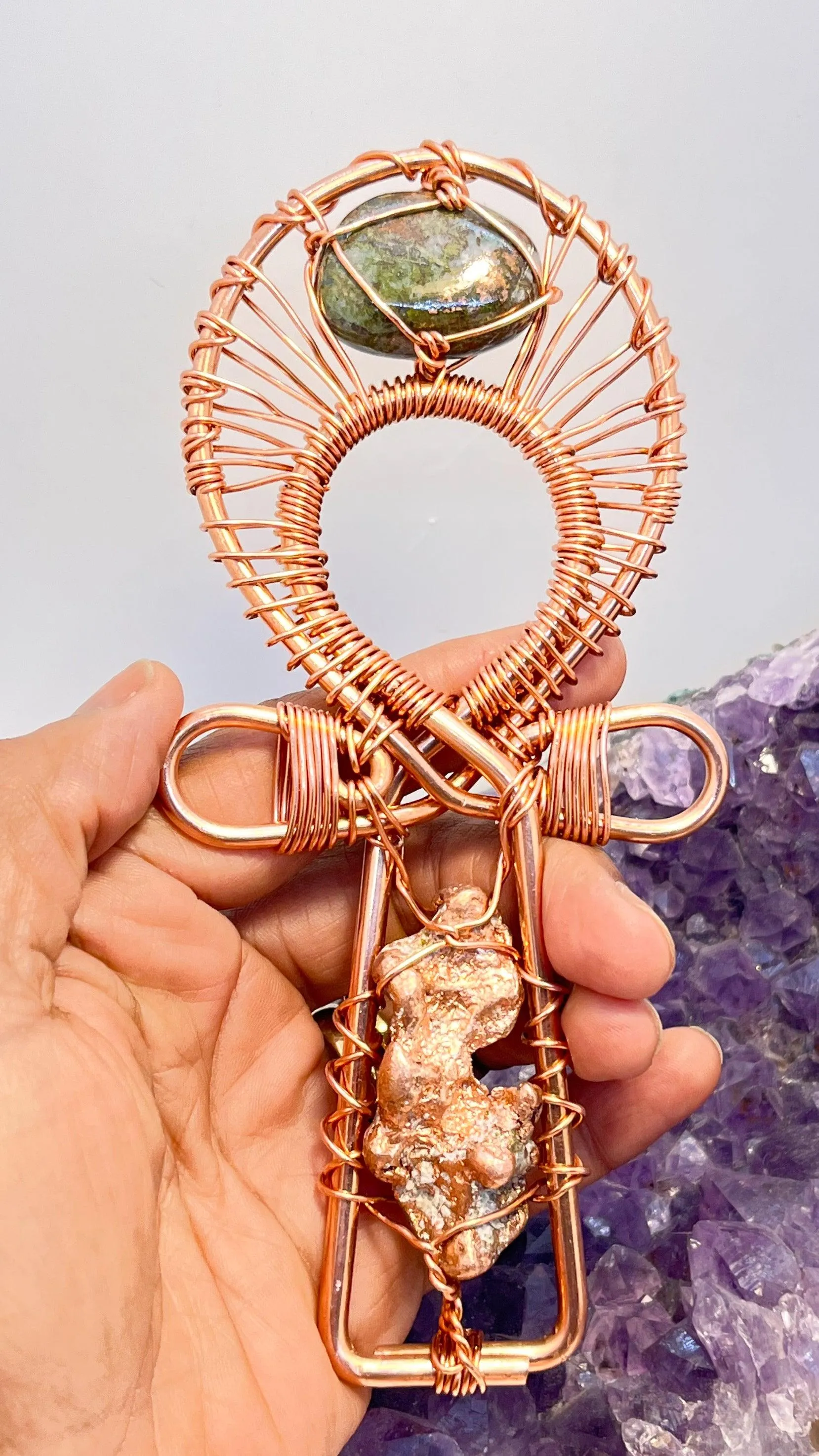 Copper Nugget with Peridot/Copper Tumble Stone POCKET Ankh