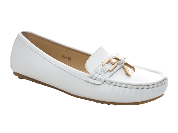 Damen Slipper Halbschuhe Ballerina Loafer Mokassins Slip On Flats Freizeit White # 954
