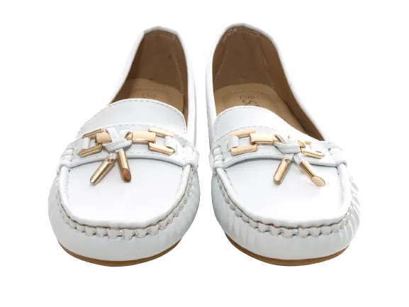 Damen Slipper Halbschuhe Ballerina Loafer Mokassins Slip On Flats Freizeit White # 954