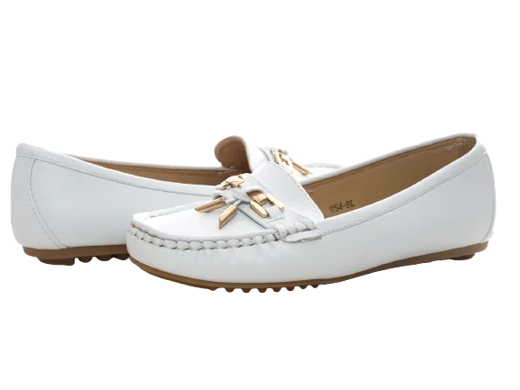 Damen Slipper Halbschuhe Ballerina Loafer Mokassins Slip On Flats Freizeit White # 954
