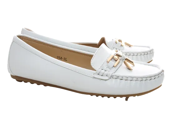 Damen Slipper Halbschuhe Ballerina Loafer Mokassins Slip On Flats Freizeit White # 954