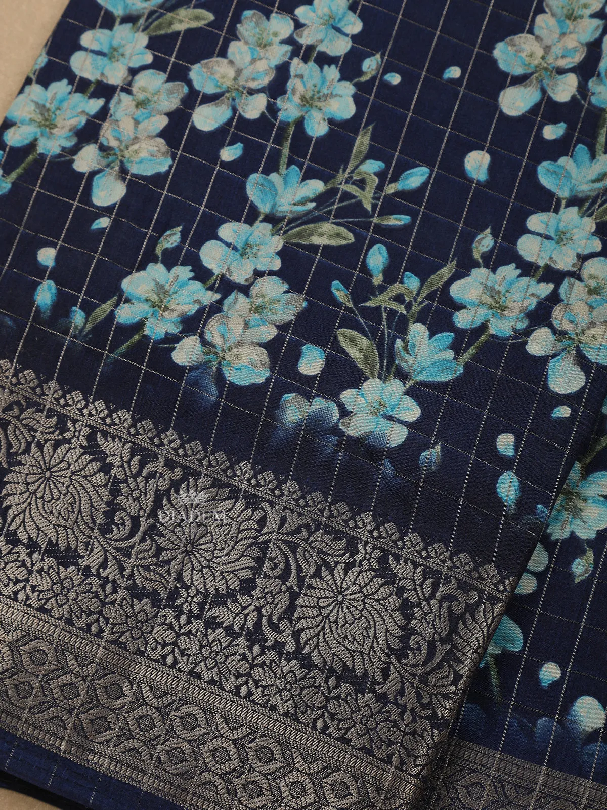 Dark Blue Floral Designed Chanderi Silk Saree