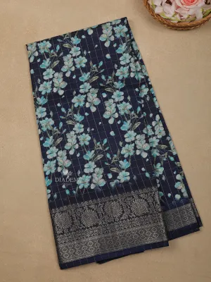 Dark Blue Floral Designed Chanderi Silk Saree