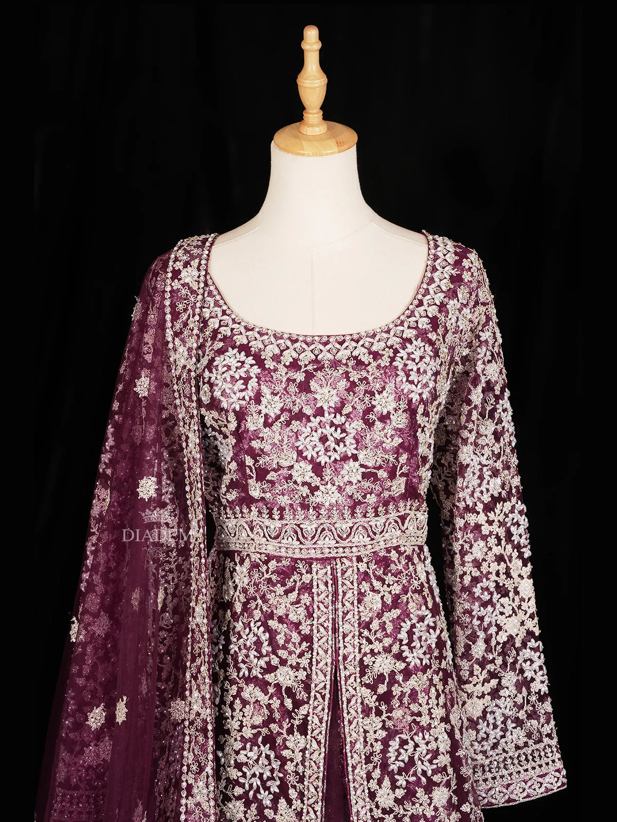 Dark Purple Floral Embroidery Designed Gown