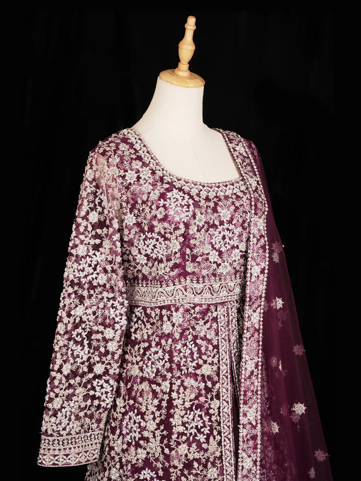 Dark Purple Floral Embroidery Designed Gown