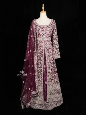 Dark Purple Floral Embroidery Designed Gown