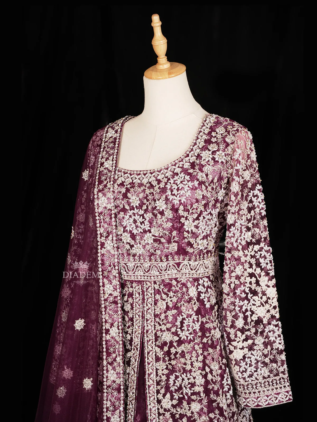 Dark Purple Floral Embroidery Designed Gown