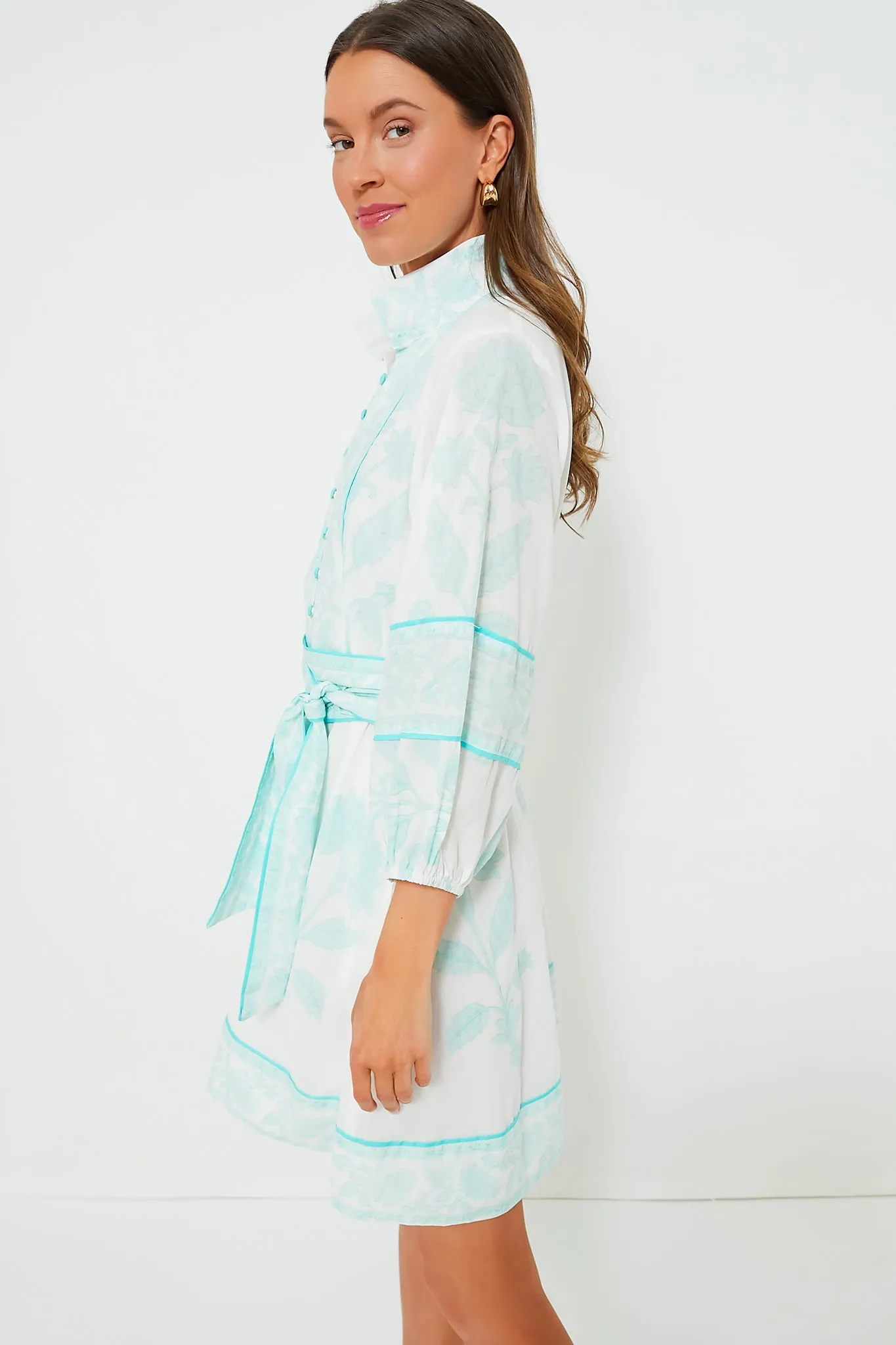 Exclusive Light Turquoise Flounce Shorty Dahlia Print Mini Dress