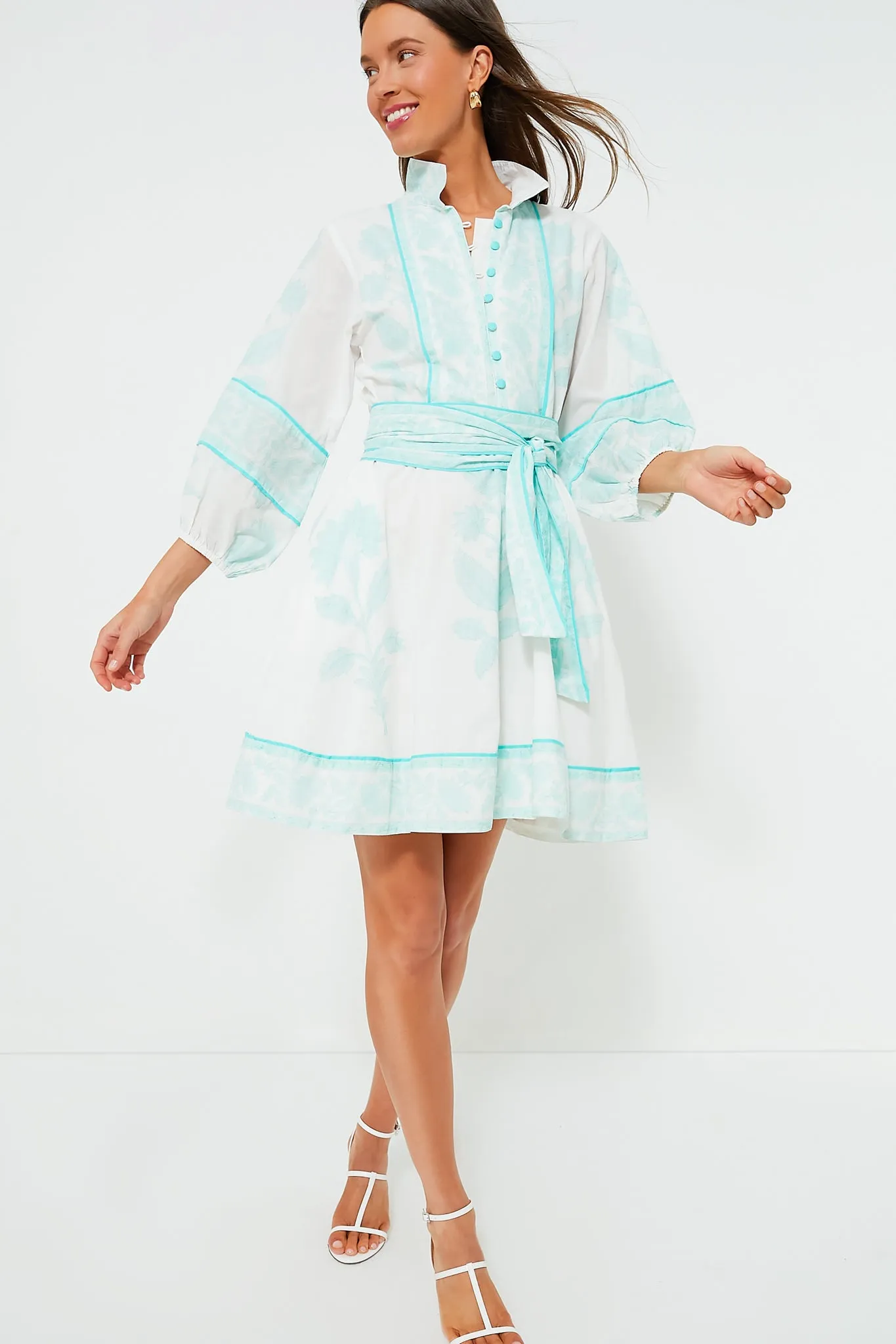 Exclusive Light Turquoise Flounce Shorty Dahlia Print Mini Dress