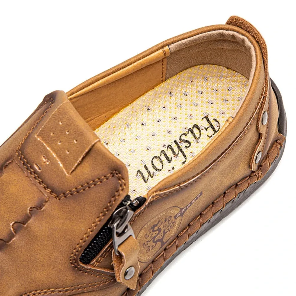 Kaegreel Men Microfiber Leather Side-zip Soft Sole Hand-stitched Shoes Casual Shoes