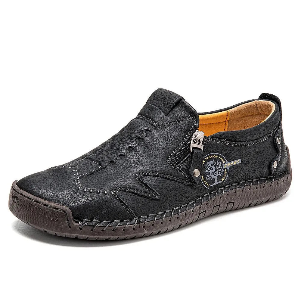 Kaegreel Men Microfiber Leather Side-zip Soft Sole Hand-stitched Shoes Casual Shoes