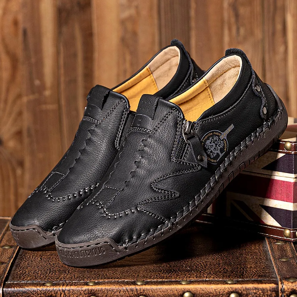 Kaegreel Men Microfiber Leather Side-zip Soft Sole Hand-stitched Shoes Casual Shoes