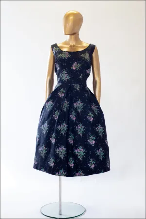 Vintage 1950s Black Floral Taffeta Dress