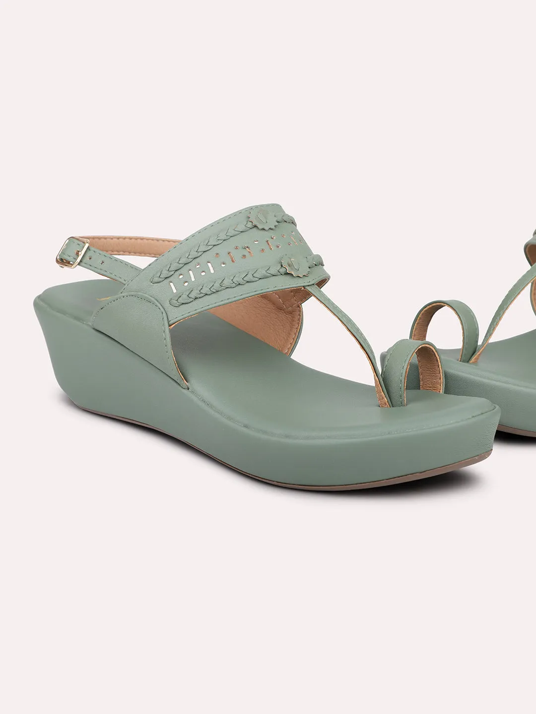 Women Green One Toe Textured Wedges