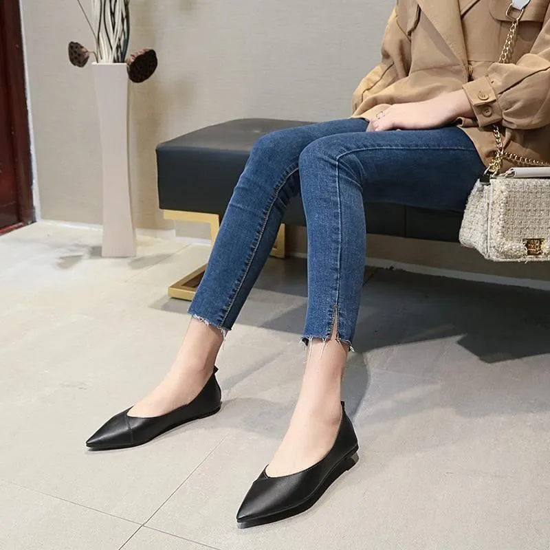Women's Casual Shoes 2021 Soft PU Leather Ballet Flats Pointed Toe Shallow Mouth Slip-on Ladies Loafer