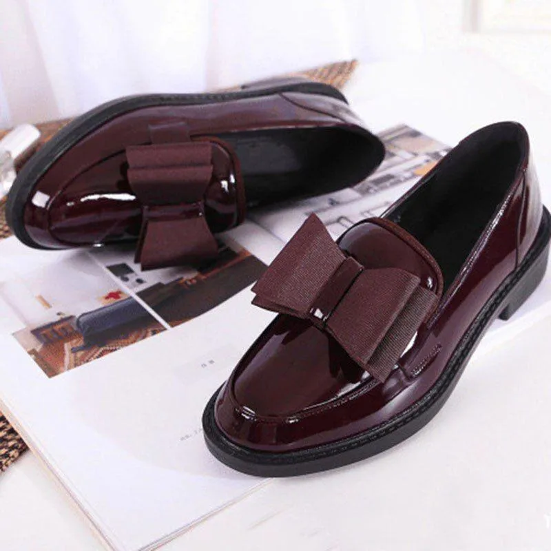 Women's Casual Shoes Butterfly-Knot Leather Thick Shiny Oxfords Loafers