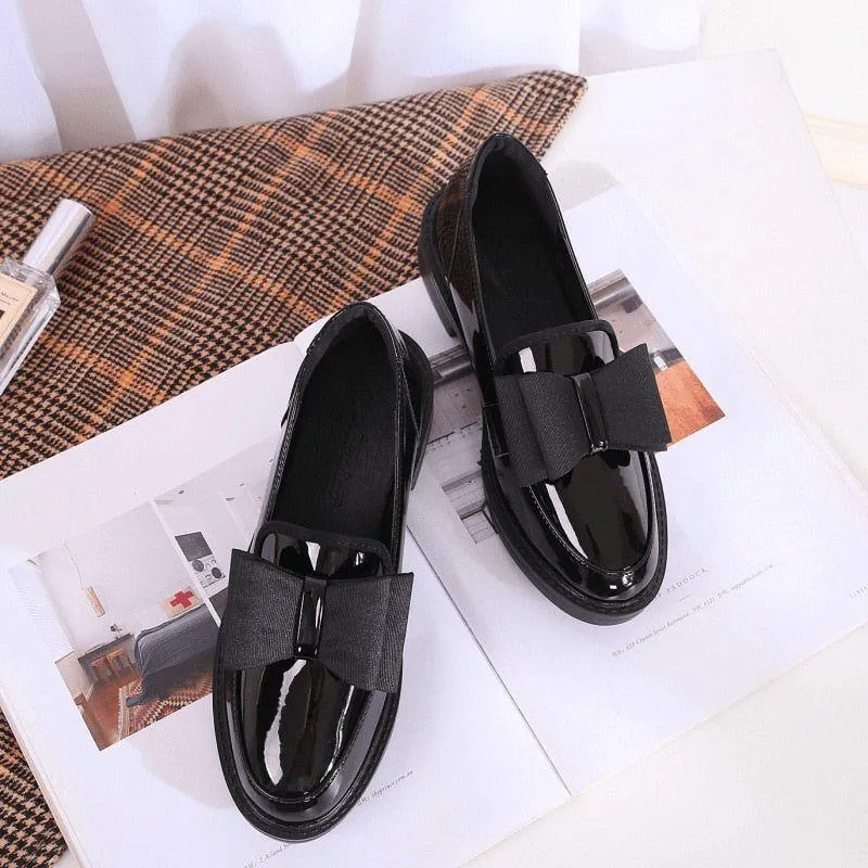 Women's Casual Shoes Butterfly-Knot Leather Thick Shiny Oxfords Loafers