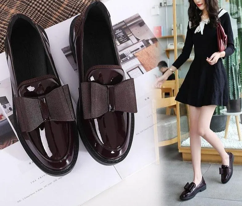Women's Casual Shoes Butterfly-Knot Leather Thick Shiny Oxfords Loafers