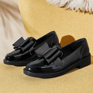 Women's Casual Shoes Butterfly-Knot Leather Thick Shiny Oxfords Loafers
