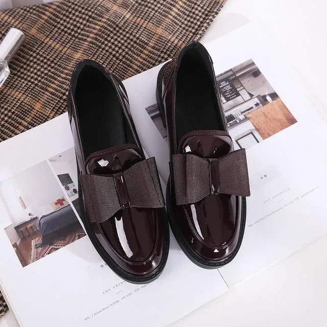 Women's Casual Shoes Butterfly-Knot Leather Thick Shiny Oxfords Loafers